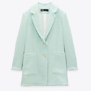 Zara Tweed Boucle Long Coat Jacket Emerald Green XS